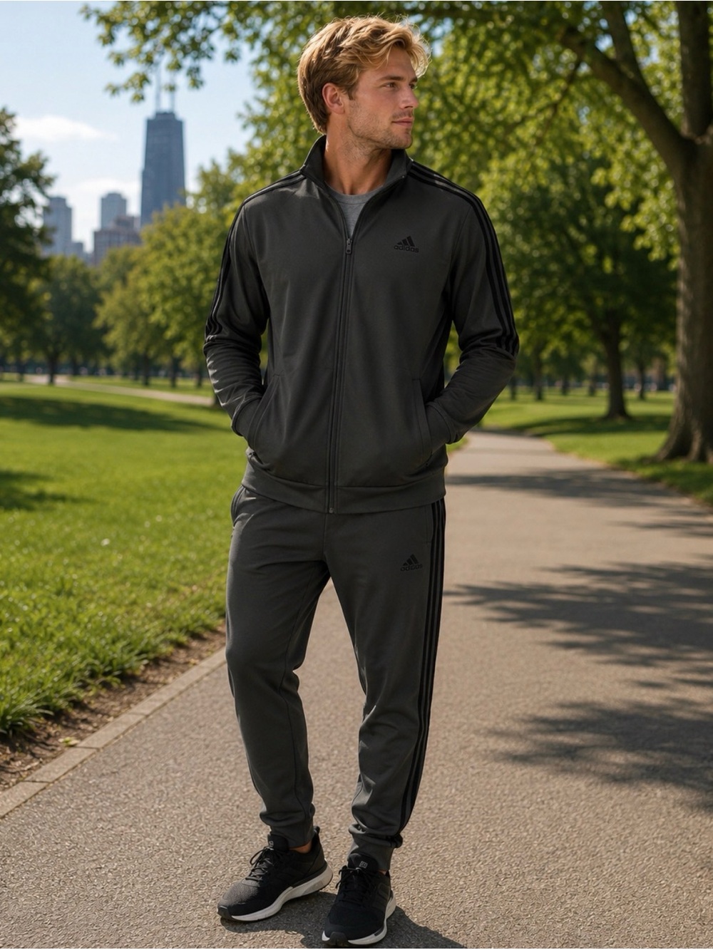 adidas Men’s Dark Gray Jogger Sweatpants with Black Side Stripes